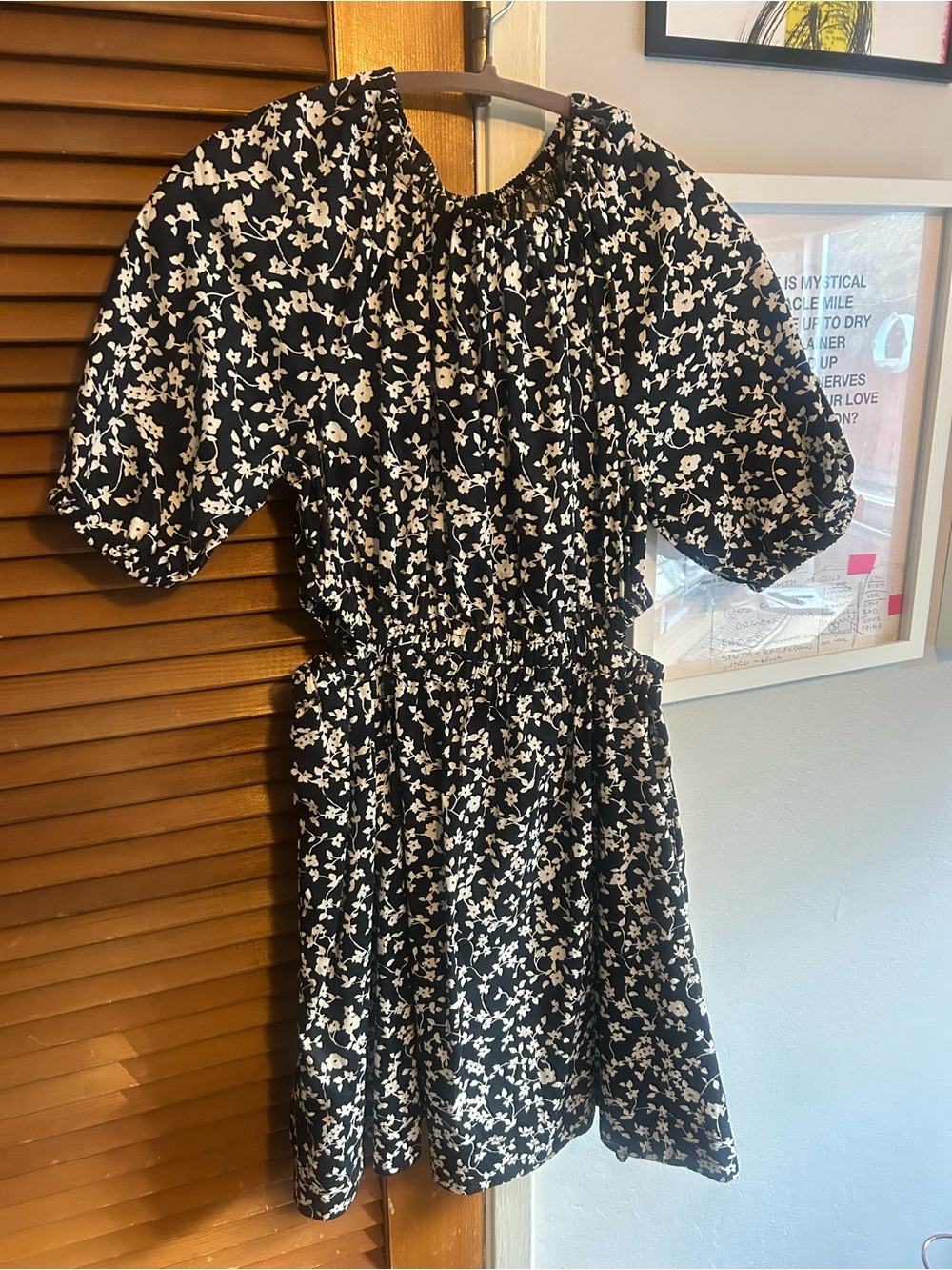Old Navy Black and Cream Floral Elastic-Neck Dress